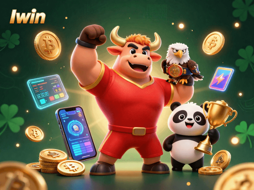 Iwin celebrates with a bull, eagle, and panda, surrounded by crypto coins and casino elements