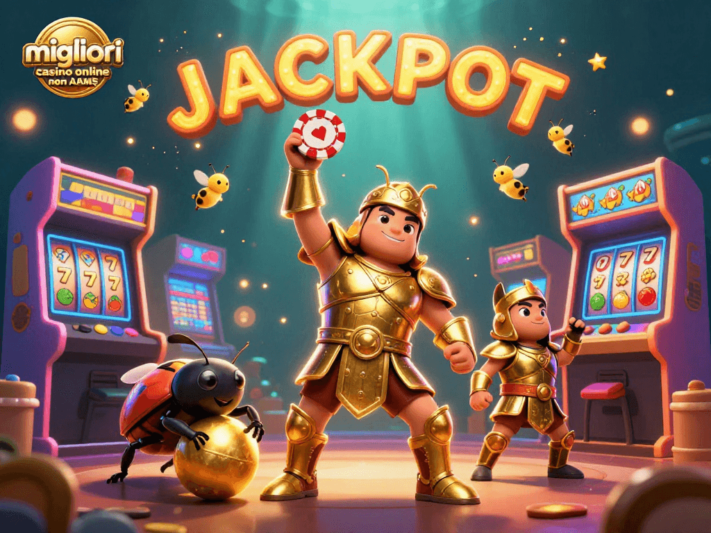 Gioca ai migliori casino online non AAMS con un scarabeo erculeo in trionfo e simboli di slot nei dettagli.