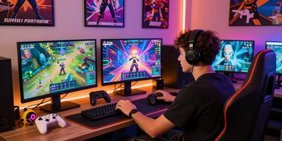 sissy porn game scene featuring a character at a vibrant gaming setup with colorful graphics