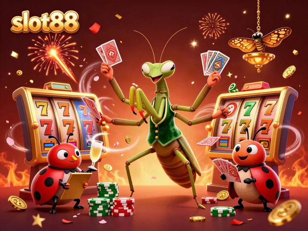 Experience the excitement of slot88 in a vibrant 3D casino scene with a giant mantis card sharp and golden winning elements.