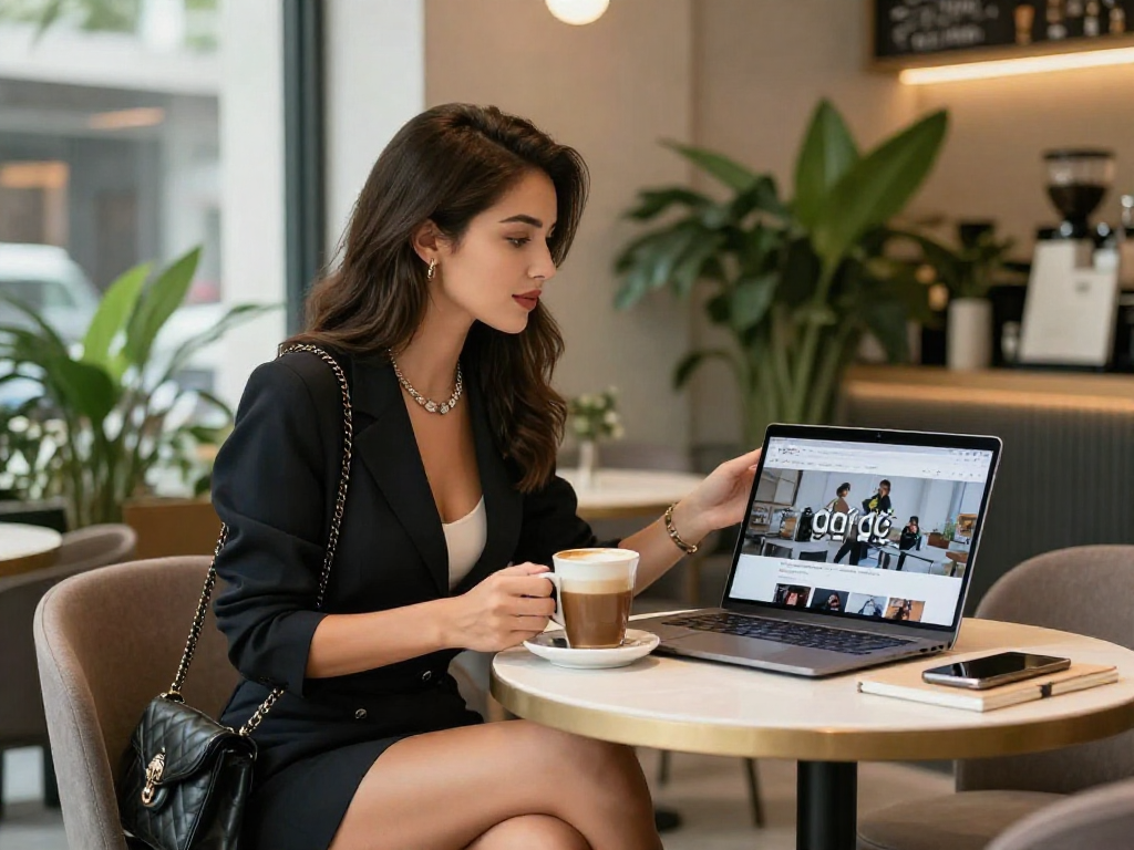 Gái gọi ngồi tại quán cà phê hiện đại, đang giao lưu và làm việc với laptop.
