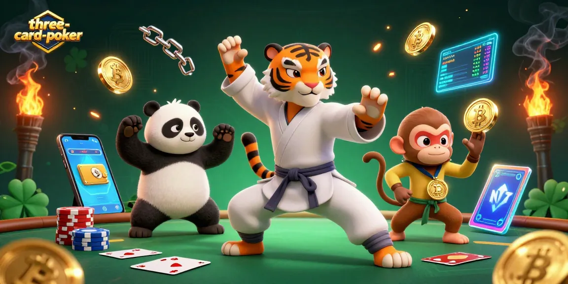 Experience thrilling three-card-poker gameplay with a vibrant 3D illustration of a kung fu tiger and friends.