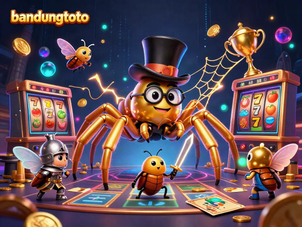 Engage with bandungtoto's slots as a golden tarantula weaves fortune in a vibrant casino scene.