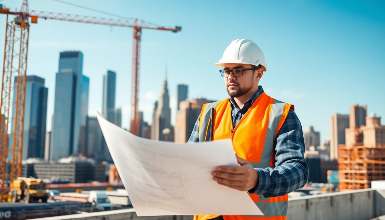 Dedicated New York Construction Manager evaluating site plans amidst the NYC skyline.