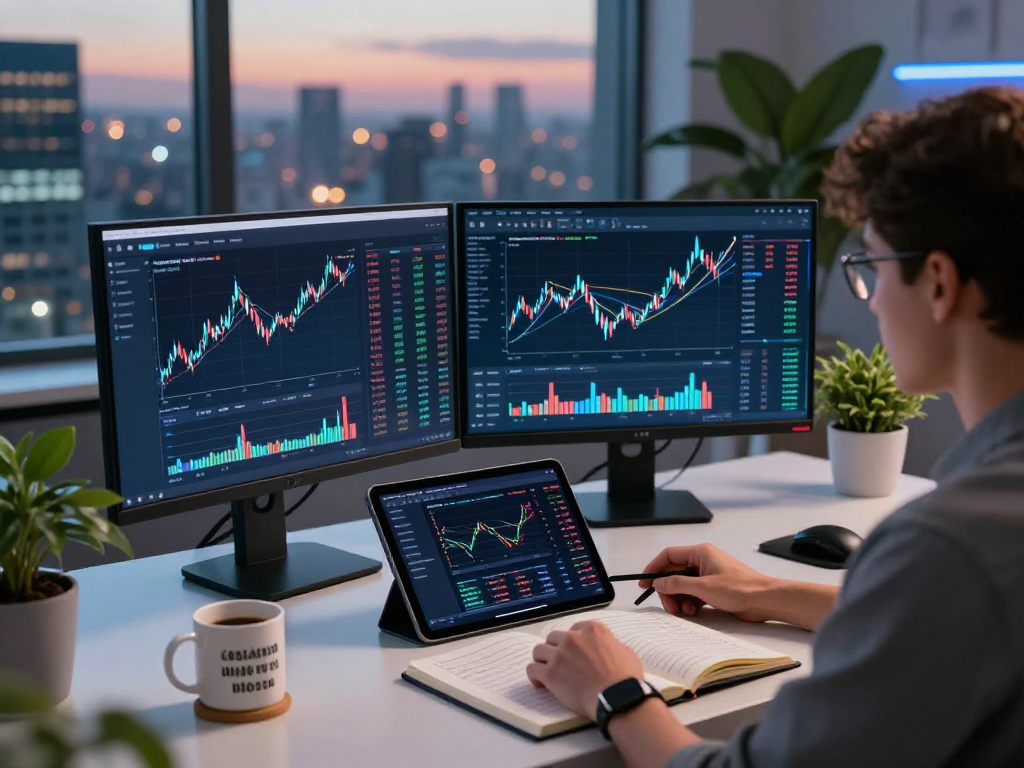 Trader using Kyber-Swap in a modern digital finance workspace with dual screens.