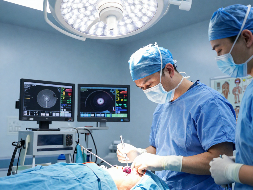 Brain tumor surgery scene showcasing a skilled surgeon removing a meningioma with advanced technology and a focused team.