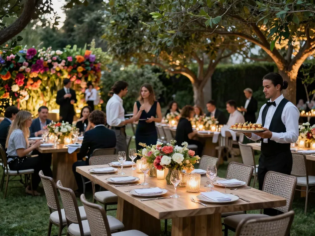 Event furniture rental showcased at a stylish outdoor gathering with elegant decor and lively guests.