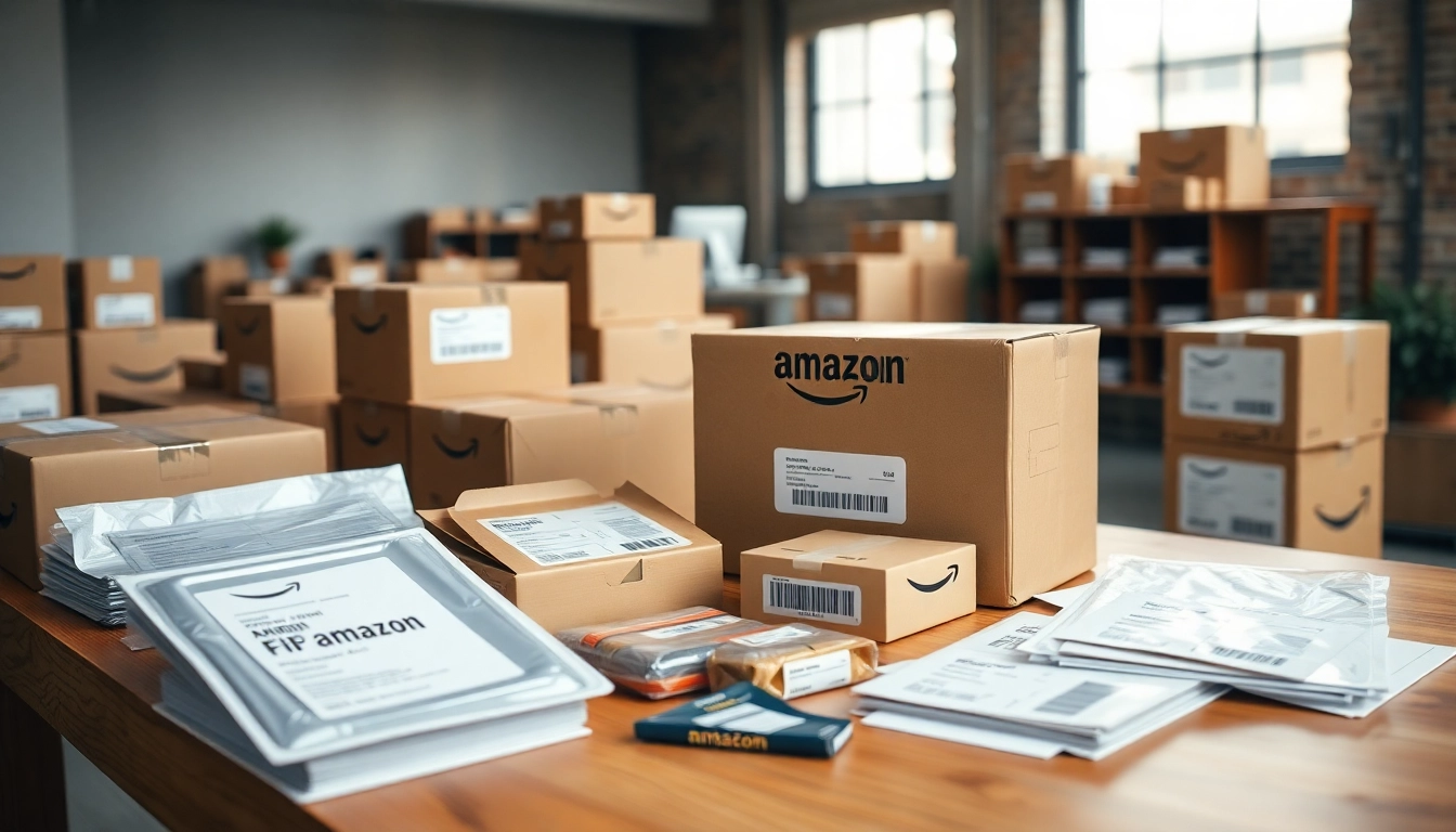 Optimize Amazon FBA Packaging on a well-organized workspace with labeled boxes and materials.