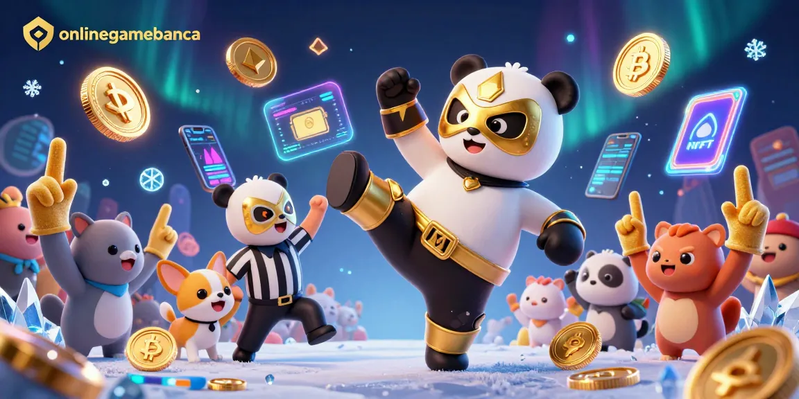 Engage with onlinegamebanca as a panda wrestler performs a kick, surrounded by crypto elements.