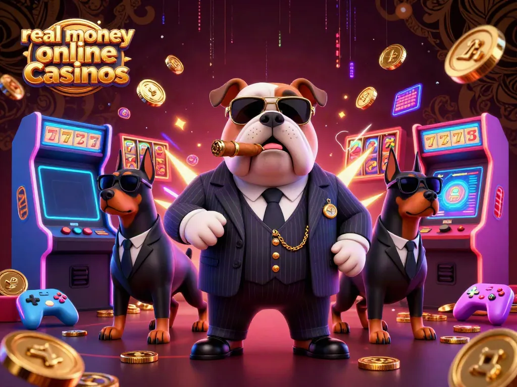 Engaging scene showcasing a bulldog mafia boss and bodyguard Dobermans in a vibrant casino atmosphere representing real money online casinos.