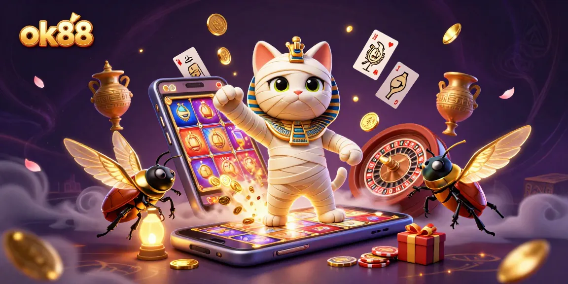 Experience exciting gameplay at ok88 with a vibrant casino scene featuring a mummy cat and dynamic gaming elements.