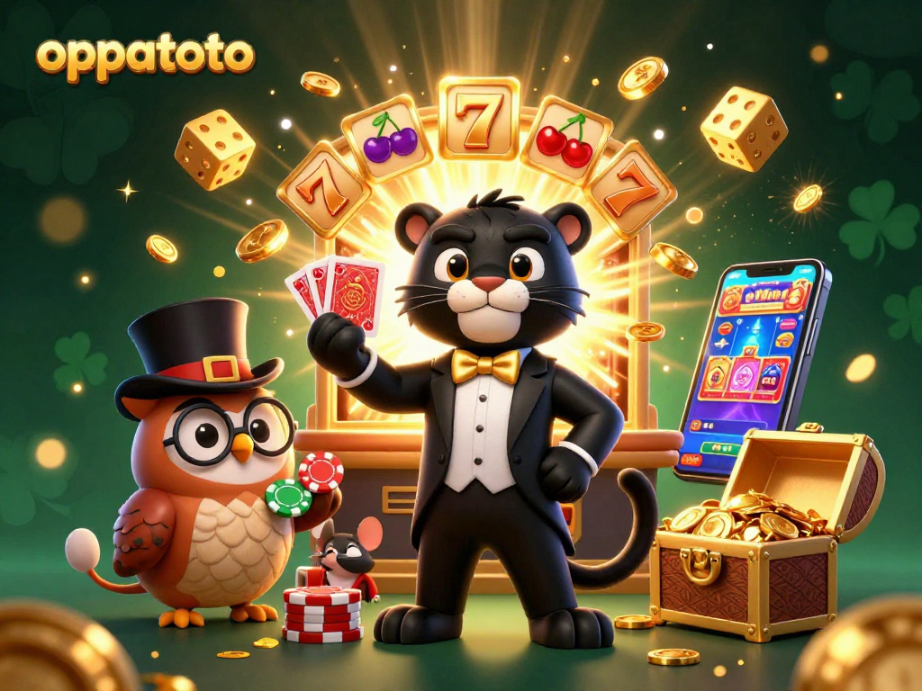 Enjoy exciting games and promotions with oppatoto’s vibrant 3D casino illustration featuring engaging characters and rich gaming elements.