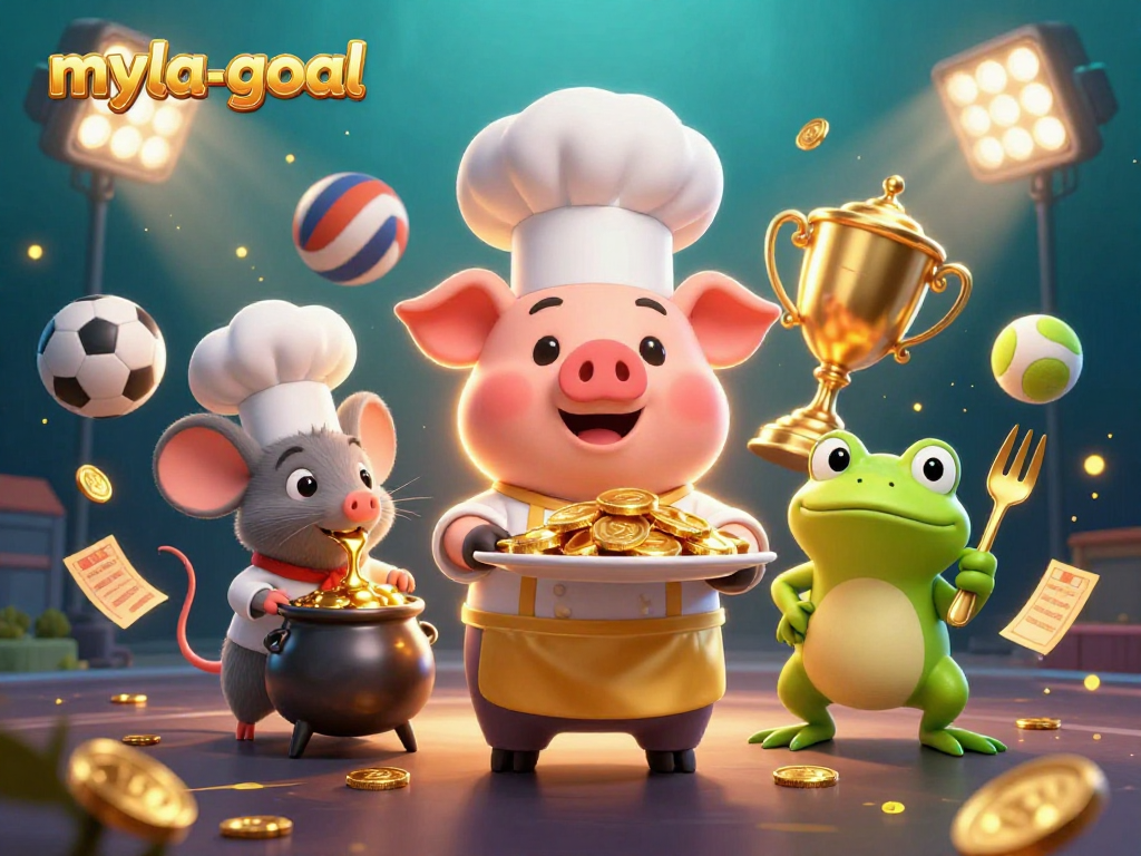 Experience the excitement of myla-goal with a vibrant visual showcasing gold coins, sports elements, and dynamic actions.