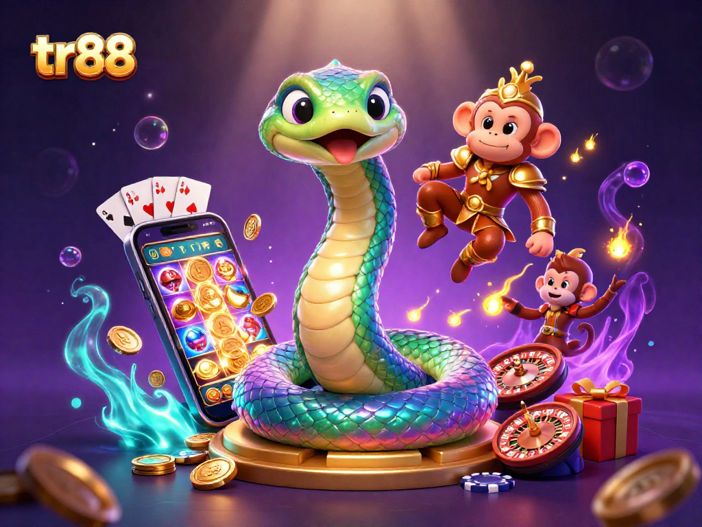 tr88 features playful characters in a dynamic casino scene with vibrant gaming elements.