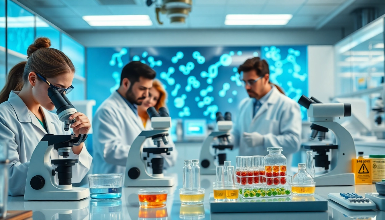 Research scientists examining atomiklabz peptides in a modern lab setting