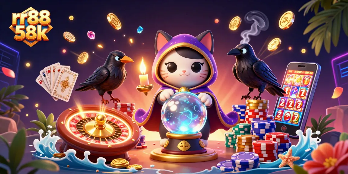Engage with the adventure at rr88 58k, featuring a vibrant 3D illustration of a mystic cat, a raven, and swirling casino elements.