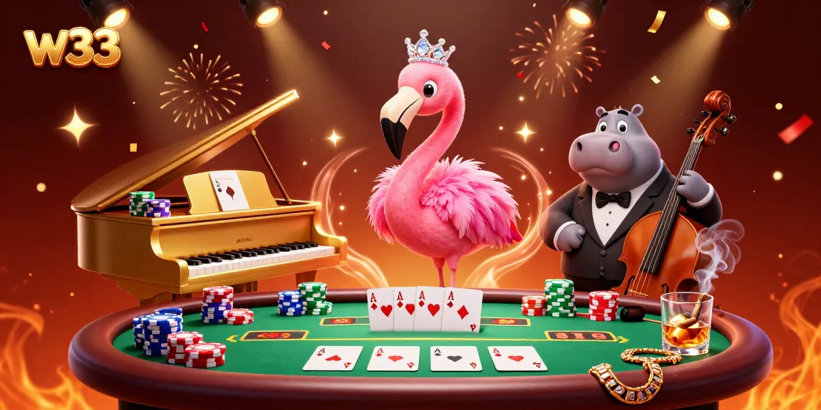 Join the fun with w33 pokies as a flamingo singer and hippo bassist elevate the casino vibe.