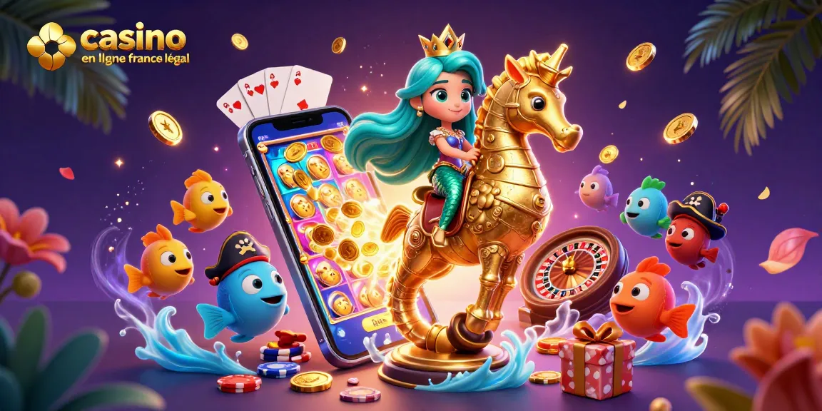 Illustration dynamique de jeu avec la princesse sirène et le hippocampe aux côtés du casino en ligne France légal.