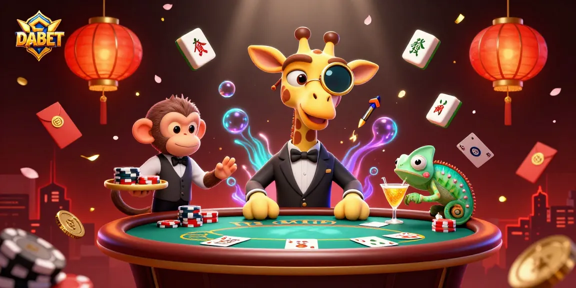 DABET offers a VIP casino scene with a high-roller giraffe, poker, and festive elements.