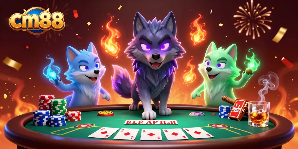 Join cm88 for exciting poker action with glowing wolves and vibrant casino elements.