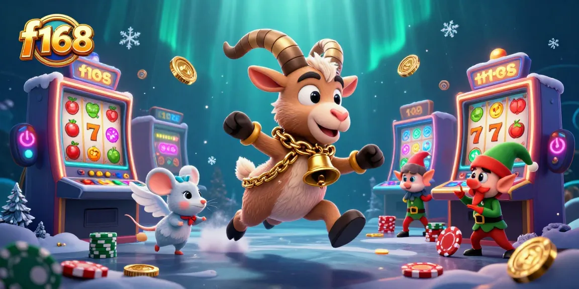Experience the vibrant excitement of f168's holiday casino scene, filled with playful characters and dynamic slot machines.