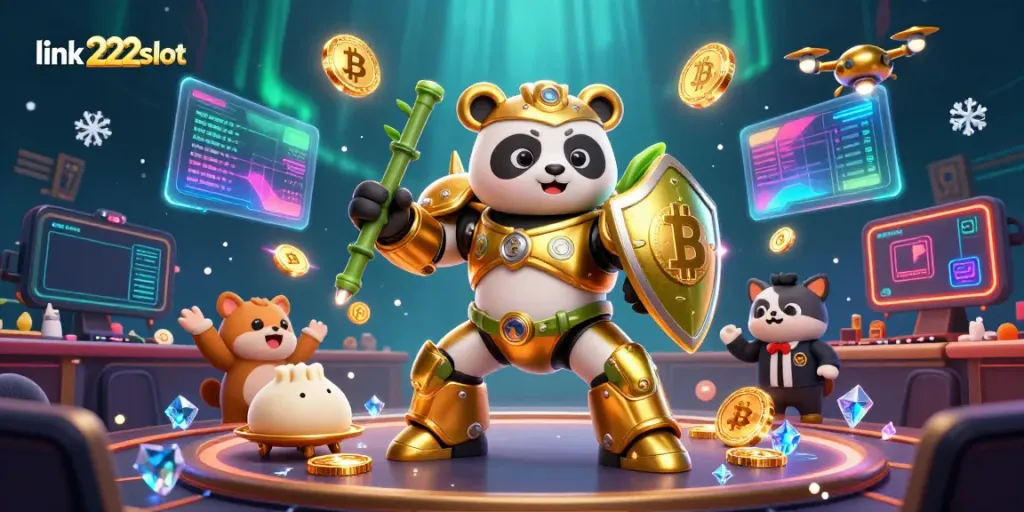 Menyaksikan keseruan permainan di link 222slot dengan panda emas futuristik mengamankan jackpot.