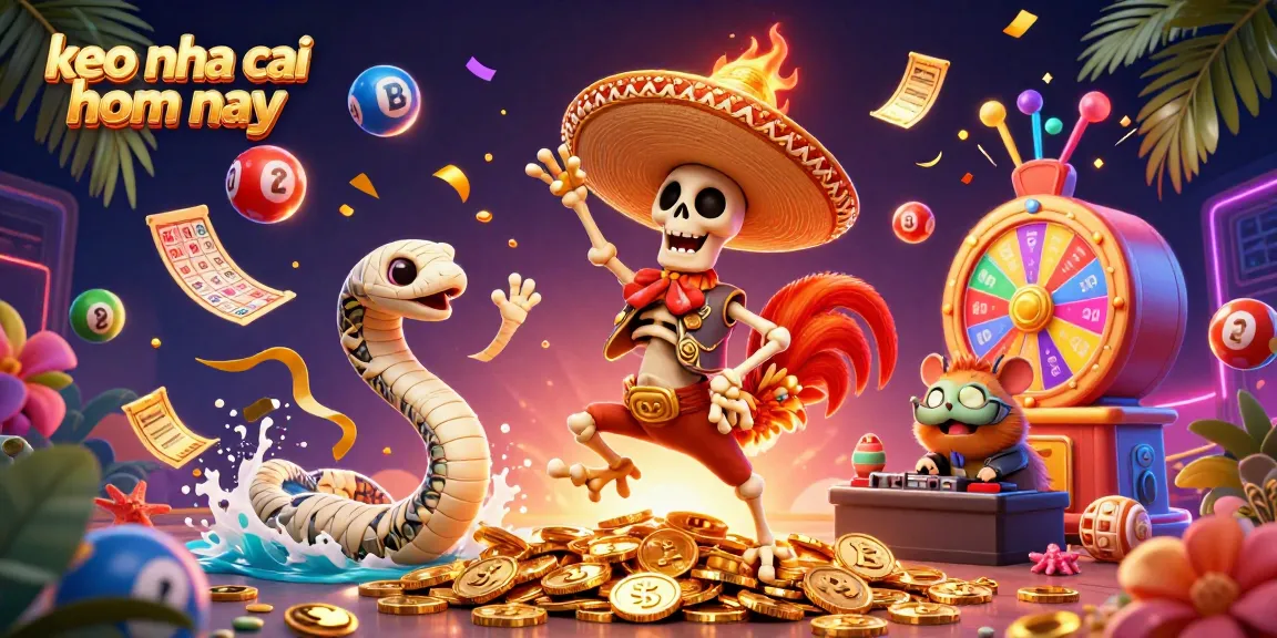 Celebrate with the vibrant characters of keo nha cai hom nay in a dynamic casino scene full of colorful lottery elements and energy.