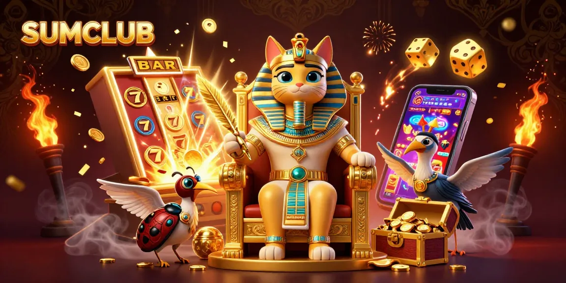 Experience thrilling gameplay at SUMCLUB with an Egyptian pharaoh cat surrounded by slot machines and golden treasures.