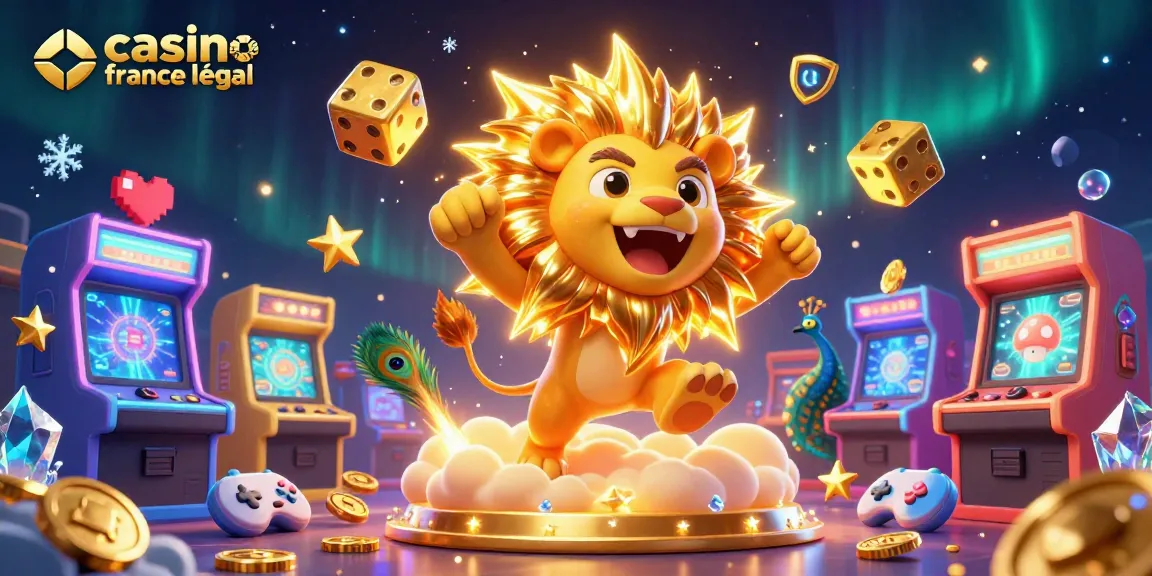 Plongez dans l'univers du casino en ligne France légal avec cette illustration dynamique de jeux d'arcade colorés et un lion rayonnant.