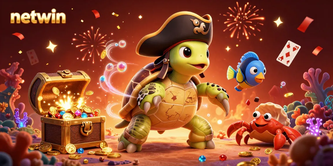 Experience thrilling underwater adventures with netwin and a cartoon pirate turtle amidst treasure and casino elements.
