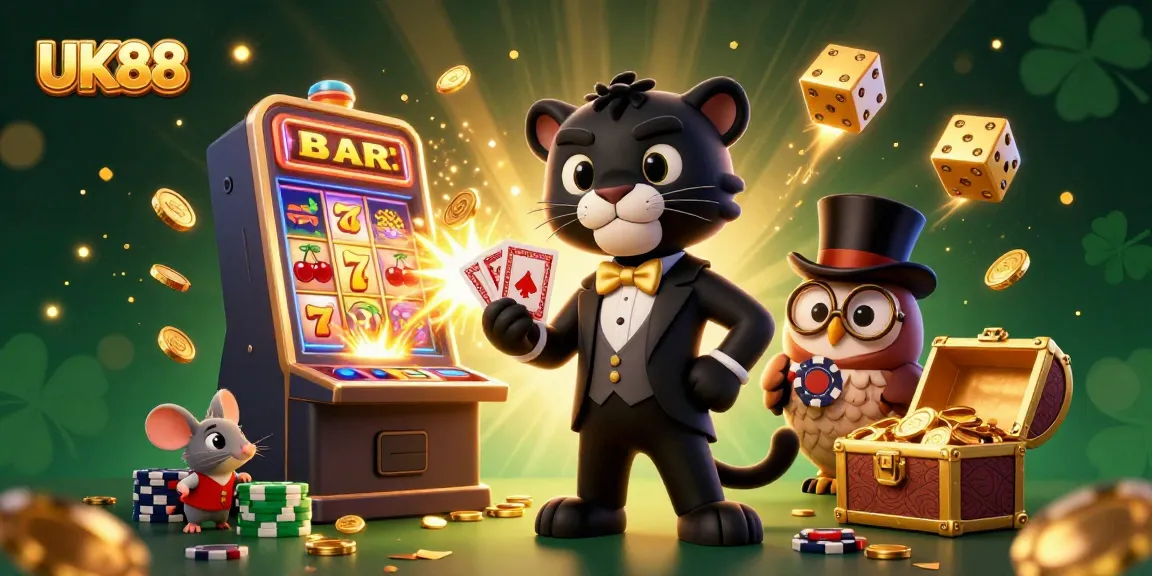 Engage with UK88's dynamic casino scene featuring a stylish panther dealing cards in a vibrant gambling illustration.