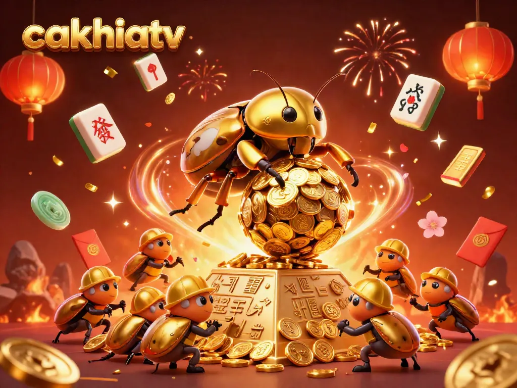 Cakhiatv showcases a joyful 3D illustration of a golden dung beetle amidst a vibrant casino theme, rolling coins and celebrating