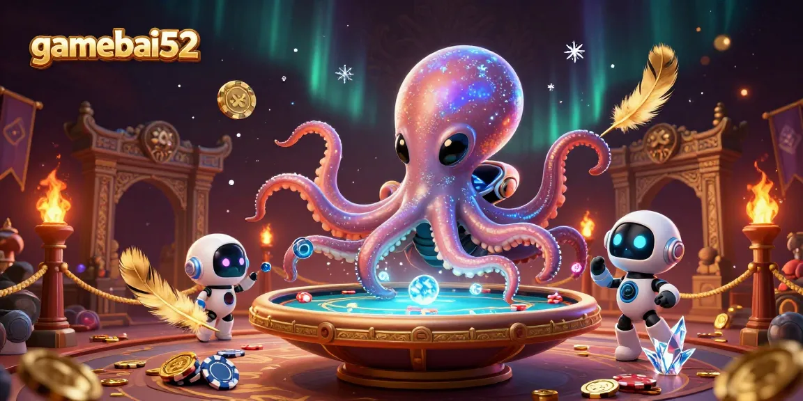 Experience the excitement of gamebai52 with a dynamic 3D cartoon scene featuring alien characters at a poker table.