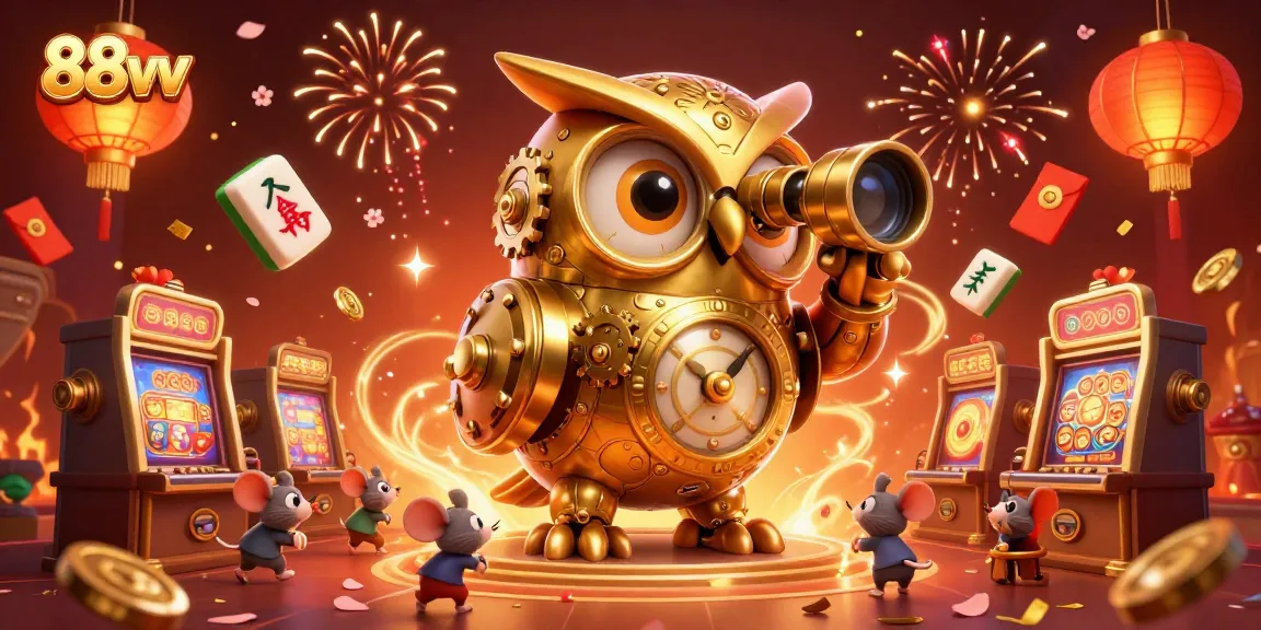88vv unleashes excitement with a clockwork owl surveying vibrant casino action.