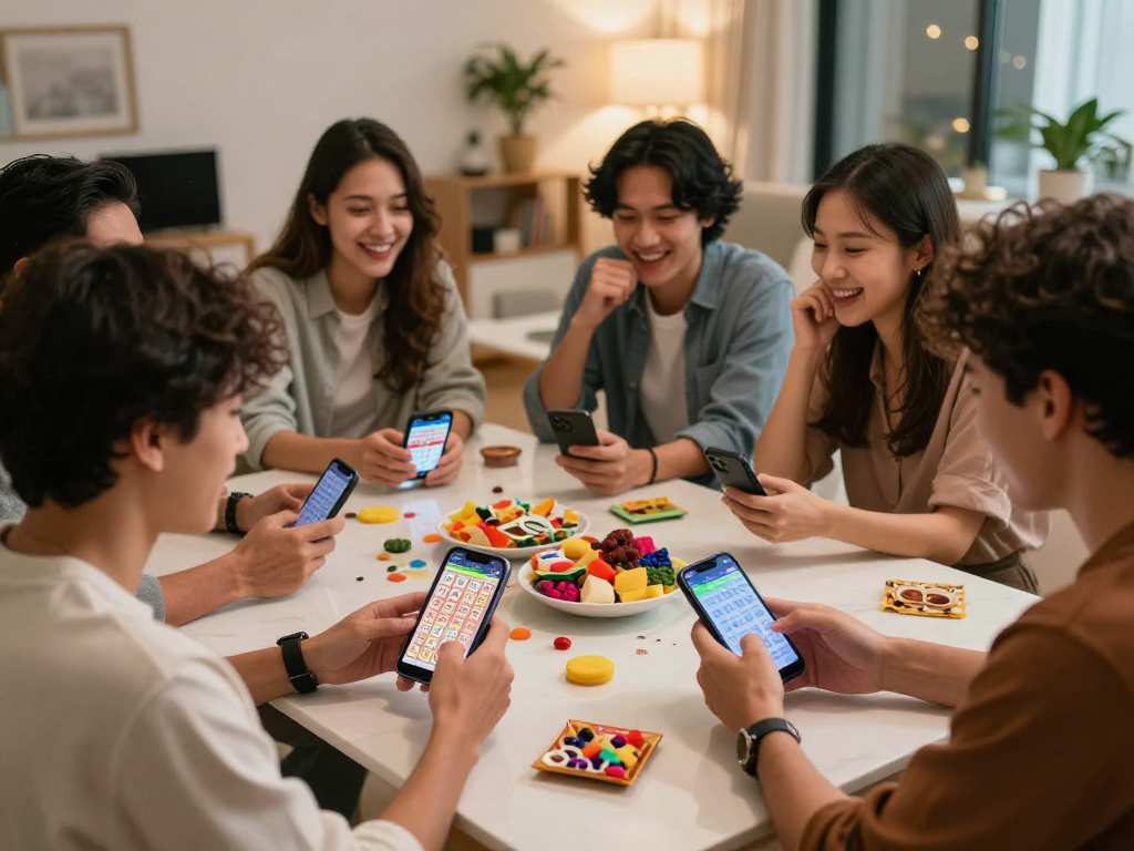 Kelompok teman merayakan delapan toto dalam suasana santai, saling berdiskusi dengan smartphone dan hidangan ringan.