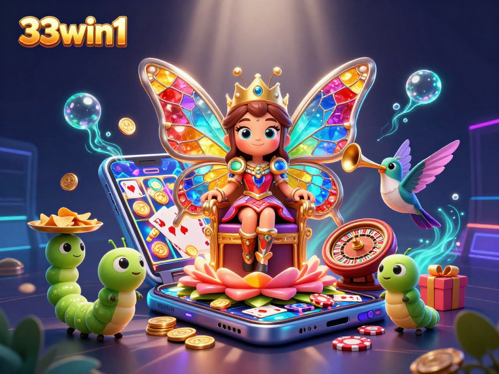 Immerse in 33win1's vibrant world with a butterfly queen and dynamic casino elements.
