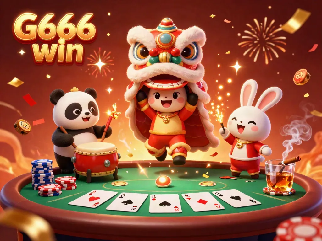Experience G666 win at a vibrant casino celebration scene with festive lion dance characters and poker action.