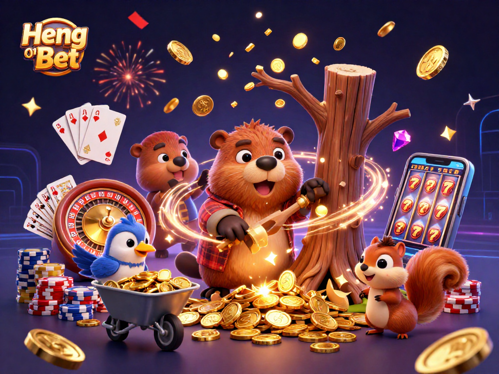 Experience gaming excitement with Heng Ong Bet as a beaver collects coins amidst dazzling casino elements.