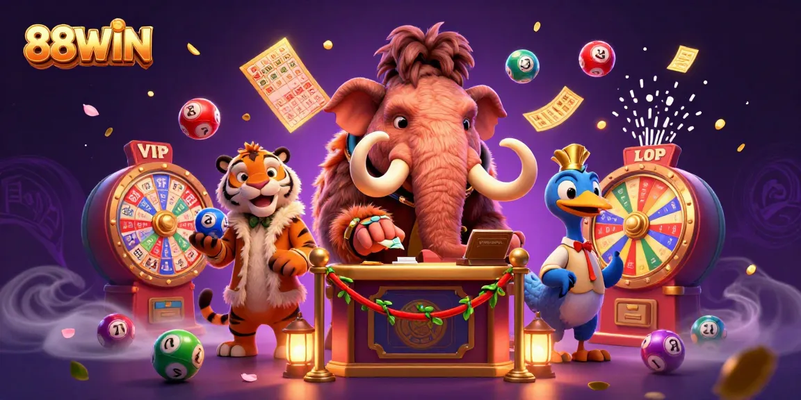 Experience excitement at 88WIN, with a vibrant casino scene featuring lit characters and dynamic lottery elements.