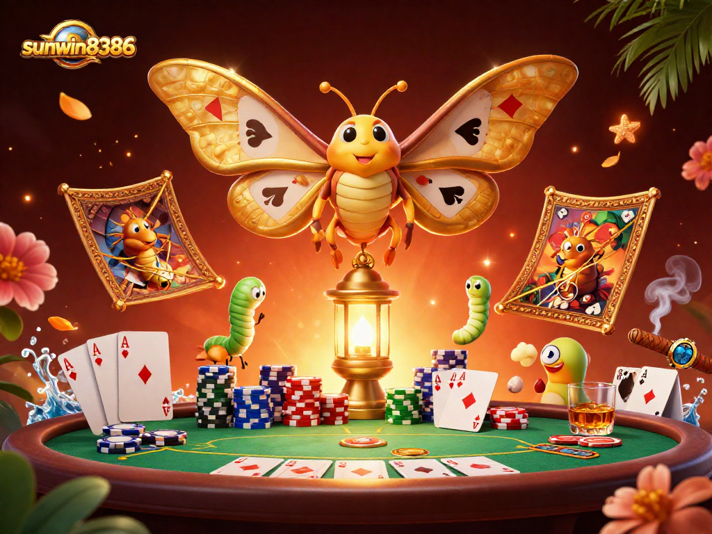 Experience the excitement of sunwin8386 with a vivid 3D illustration of casino elements and vibrant colors.