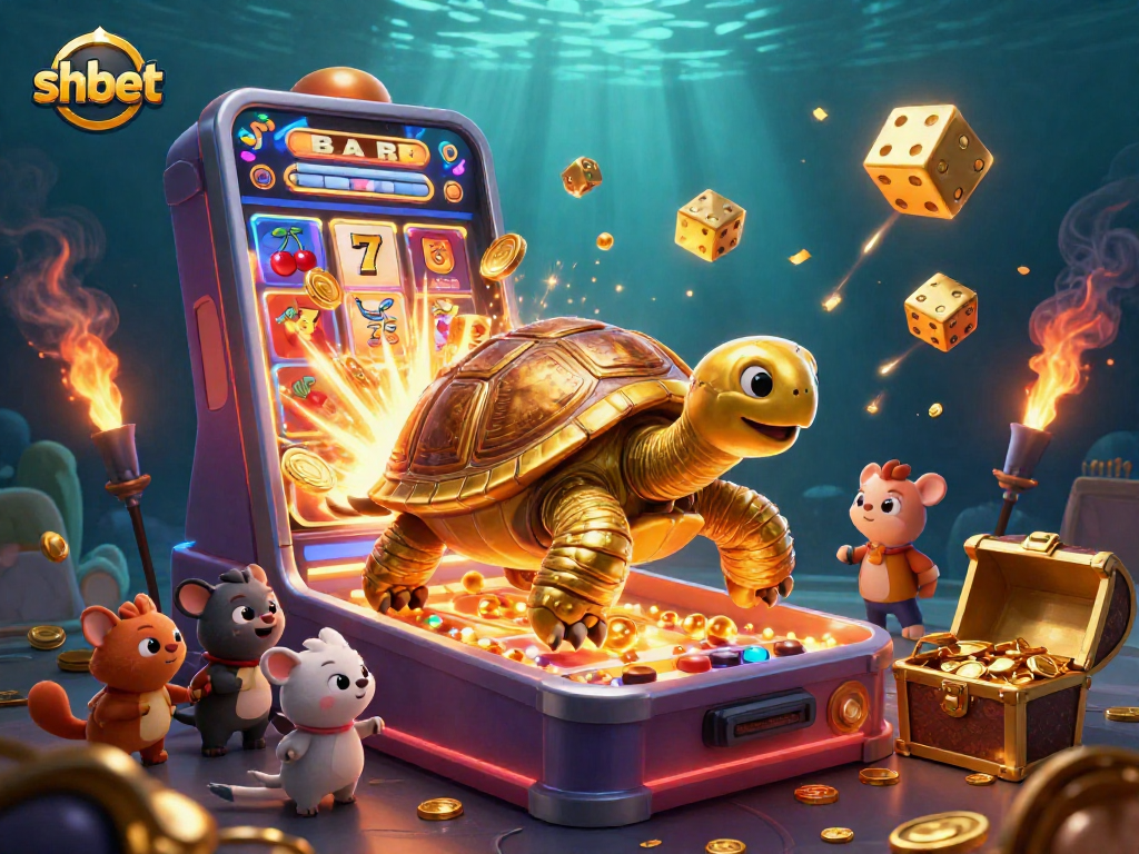 Experience dynamic gaming thrills with shbet’s golden tortoise and explosive slot machine in this vibrant 3D illustration.