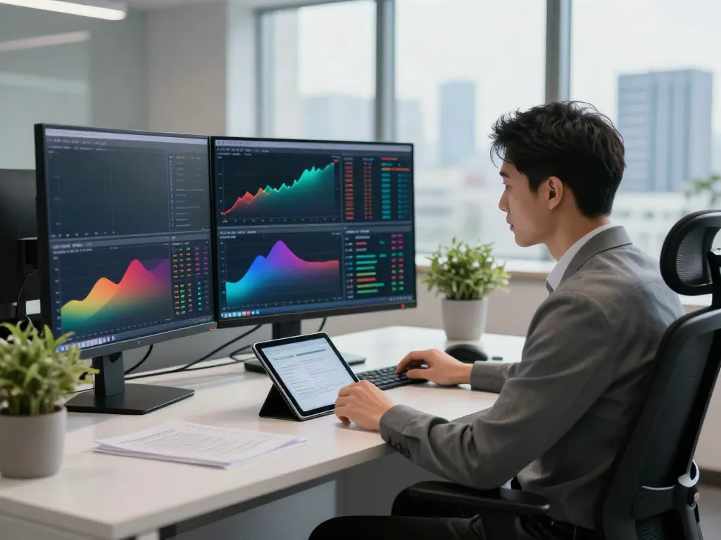 Tradingview官网 trader analyzing financial charts in a modern workspace.
