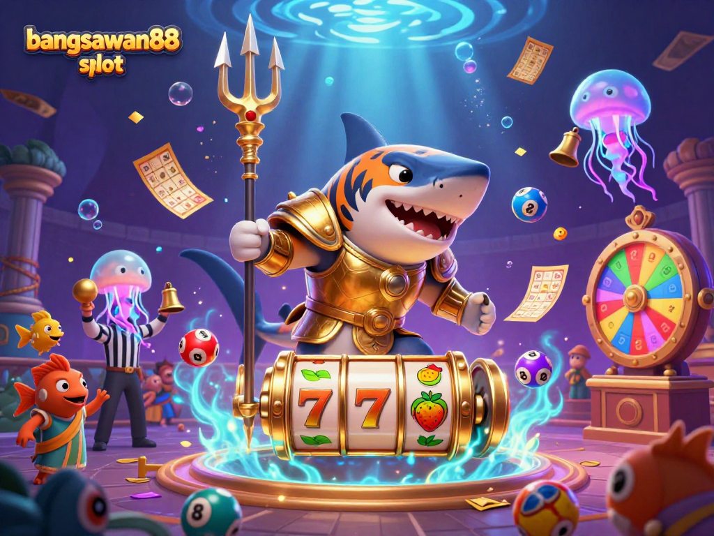 Experience the excitement of bangsawan88 slot with a dynamic underwater casino scene featuring a shark and rich game elements.