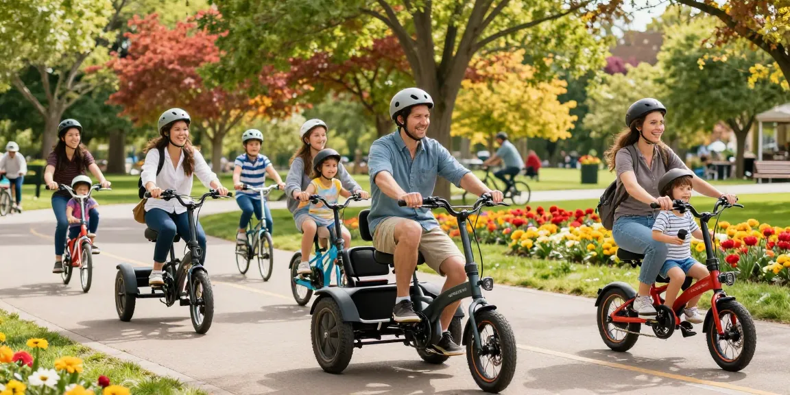 Best electric tricycles showcased in a sunny park, with families enjoying rides on Scout Electric Folding Trikes.