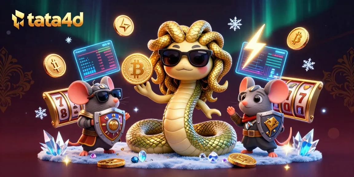 Tata4d showcases an engaging 3D casino scene with Medusa and a warrior, surrounded by crypto elements and slot symbols.