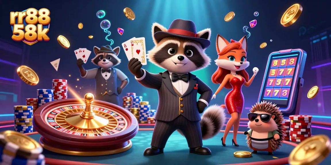 Experience the thrill at rr88 58k with a raccoon holding a royal flush and vibrant casino elements.