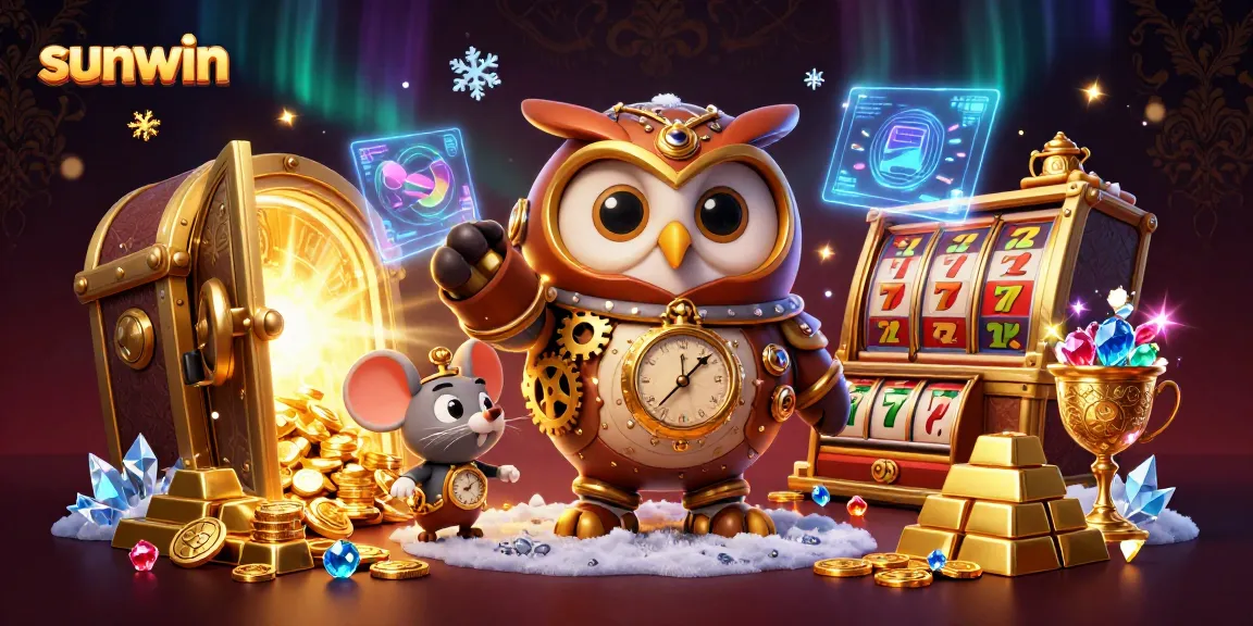 Join the sunwin adventure with steampunk characters amidst a vibrant casino scene.