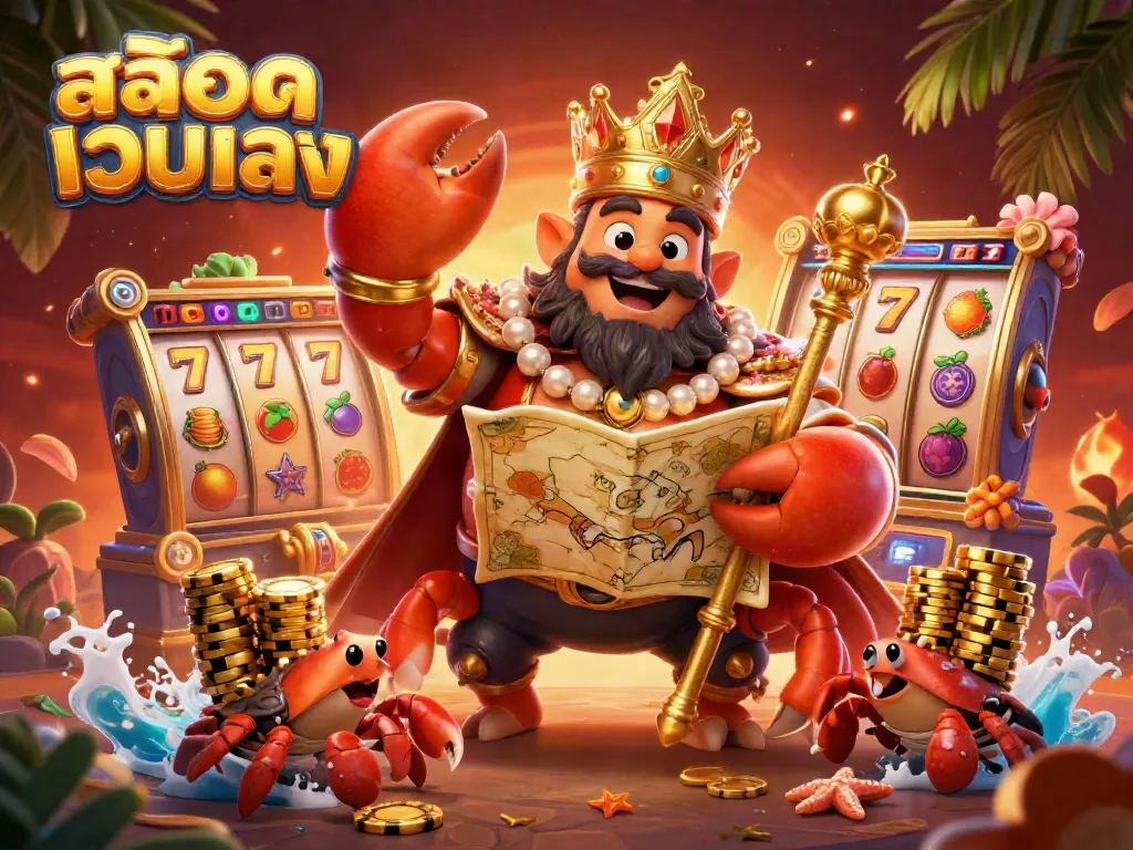 Engage with สล็อตเว็บตรง in an exciting scene featuring a golden crab emperor and vibrant spinning slot reels.