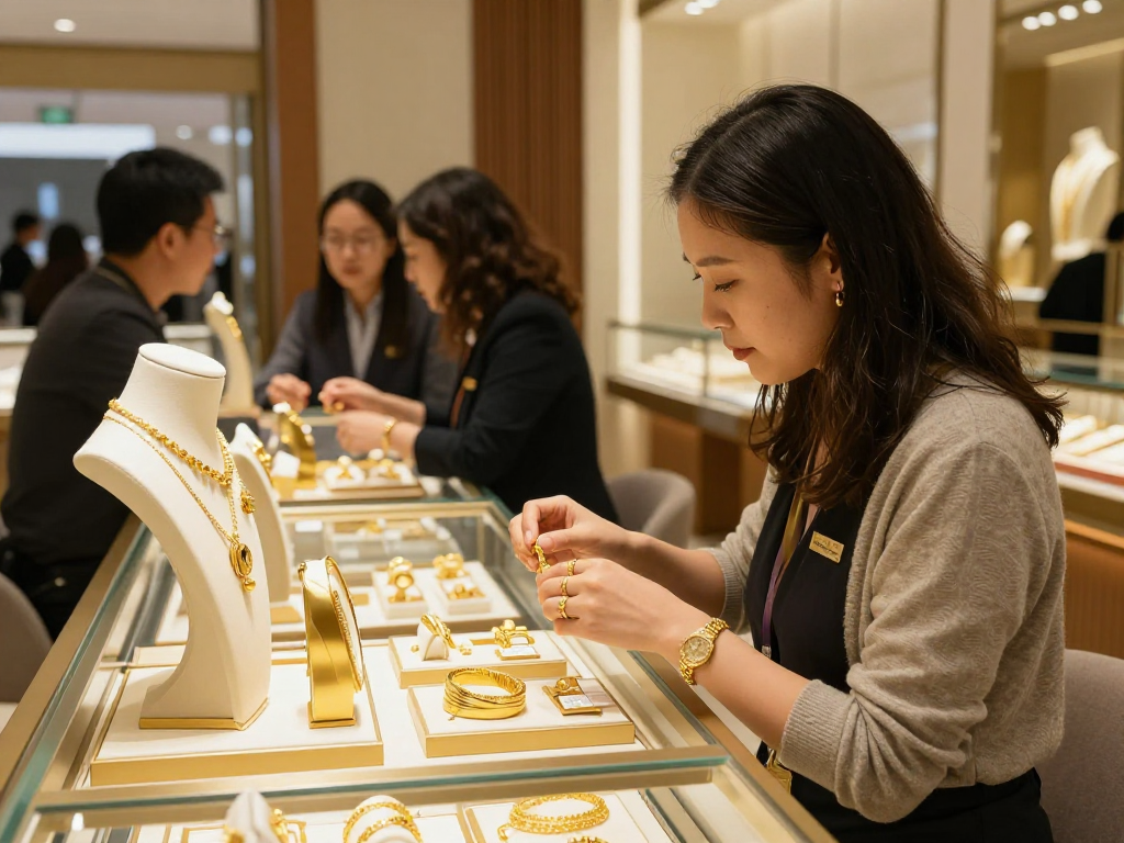 mantra88 showcases stunning 24K gold jewelry in an inviting store, highlighting luxurious customer experiences.