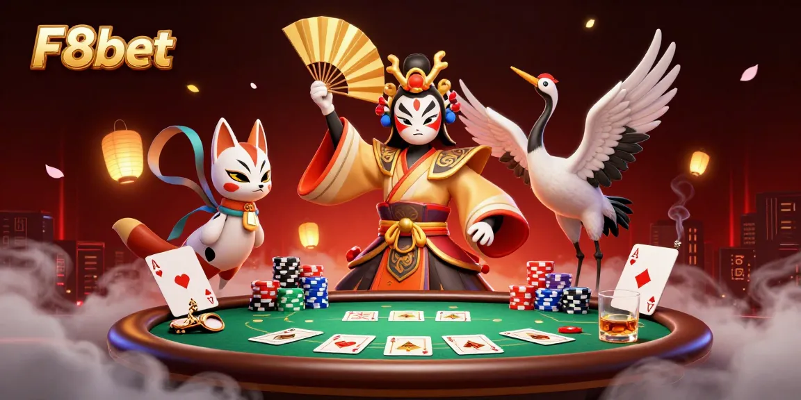 Engage with F8bet's vibrant 3D casino scene featuring kabuki warrior and poker elements, enhance your betting experience.
